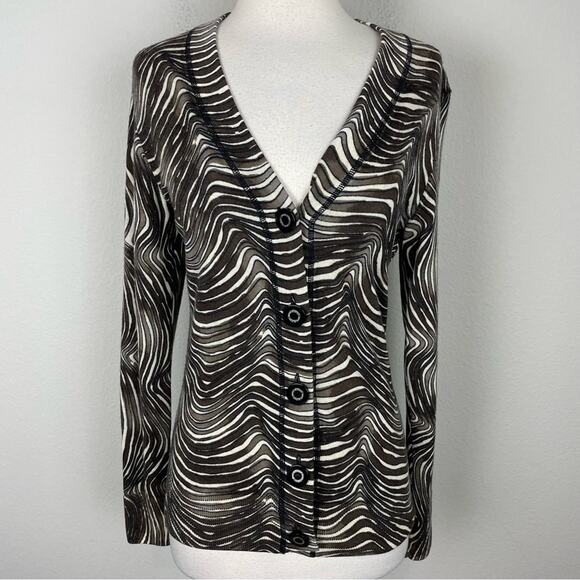 Tory Burch Brown Off White Wavy Stripe Wool Cardigan 4 - Picture 2 of 8